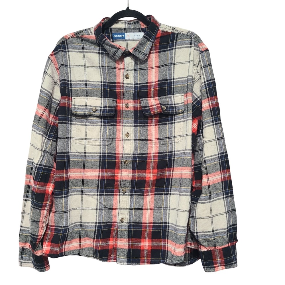 Old Navy Mens XL Regular Fit Flannel Shirt Cream Red Navy Blue Plaid Button Down